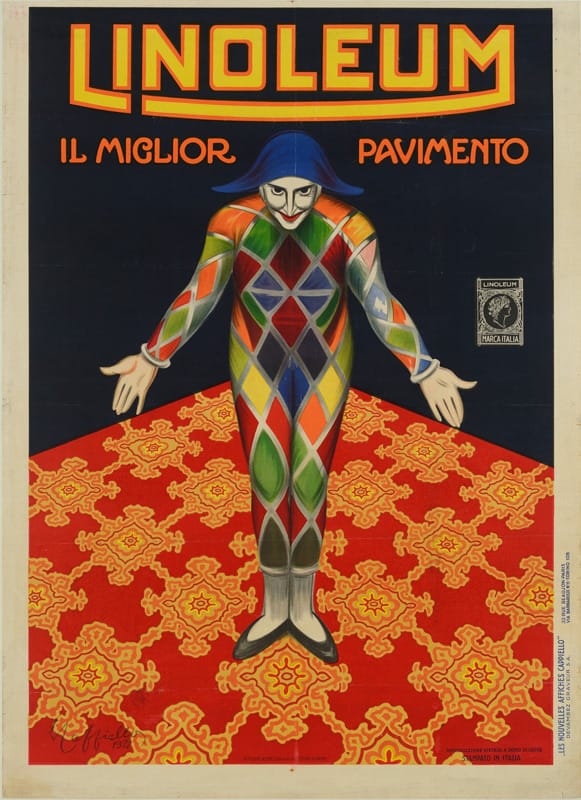 1924032Z0 Linoleum, 1924 par Cappiello. Arlequin présente un tapis de sol orné d'un motif géométrique.