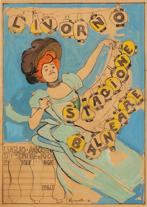 1901015E0 Livorno, 1901, par Cappiello. Une élégante, appuyée contre une balustrade, accroche des lampions japonais suspendus à un fil. Ceux-ci symbolisent le côté "festif" de la station balnéaire.