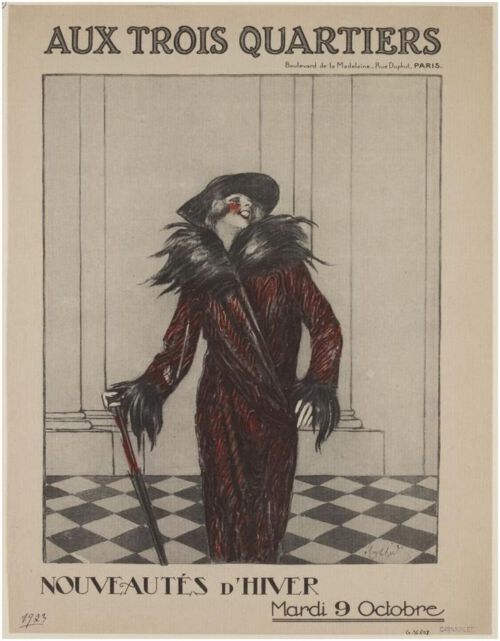 Affiche publicitaire : Aux Trois Quartiers/Nouveautés d'hiver, - Une femme dans un hall d'immeuble est fière de porter son beau manteau, son chapeau et son parapluie. - par Leonetto Cappiello