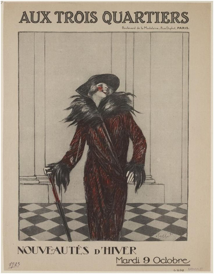 Affiche publicitaire : Aux Trois Quartiers/Nouveautés d'hiver, - Une femme dans un hall d'immeuble est fière de porter son beau manteau, son chapeau et son parapluie. - par Leonetto Cappiello