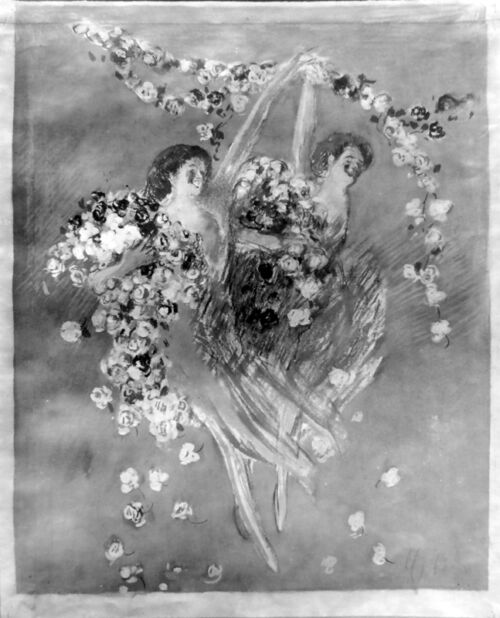 Affiche publicitaire : Brassées de fleurs, - Deux femmes souriantes portent une brassée de fleurs sous une guirlande. - par Leonetto Cappiello