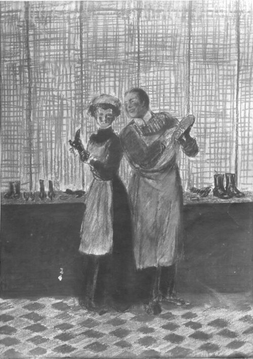 Affiche publicitaire : Chaussures, - Une femme de chambre et un valet de chambre devisent sur des chaussures qu'ils tiennent à la main. - par Leonetto Cappiello