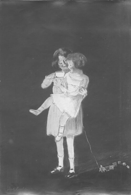 Affiche publicitaire : Chocolat, - Une fillette tient dans ses bras une poupée qui tire un petit train en bois. Elle lui fait gouter une tasse de chocolat. - par Leonetto Cappiello