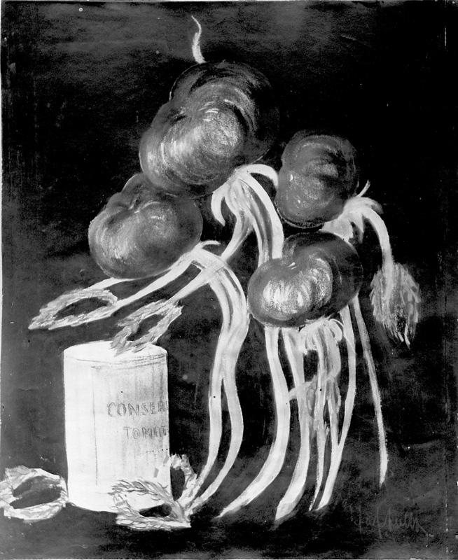 Affiche publicitaire : Conserves de tomates, - Quatre tomates personnifiées arrivent pour déposer des couronnes de laurier près d'une boîte de conserve. - par Leonetto Cappiello