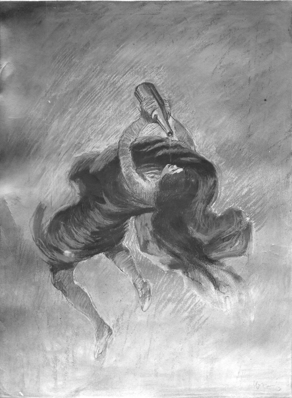 Affiche publicitaire : Femme à la renverse, - Une femme à la renverse, avec une longue chevelure et un boa, boit à la volée du vin sortant de la bouteille qu'elle tient à bout de bras. - par Leonetto Cappiello