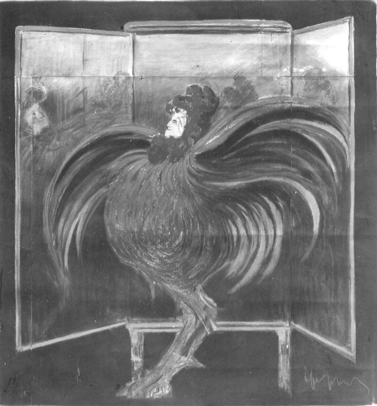 Affiche publicitaire : Miroir à trois faces (Variante1), - Un coq avec une tête de femme s'admire dans un miroir à trois faces. - par Leonetto Cappiello