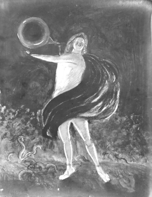 Affiche publicitaire : Gramophone, - Une personne habillée d'un simple drap porte un gramphone. - par Leonetto Cappiello