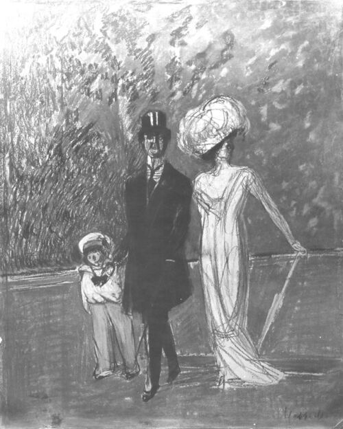 Affiche publicitaire : Grand magazin, - Un couple et leur enfant très bien habillés se promènent dans un parc. - par Leonetto Cappiello