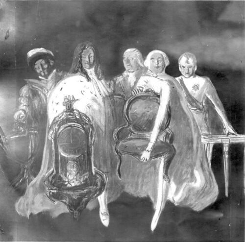 Affiche publicitaire : Mobilier 2, - De gauche à droite : François Ier, Louis XIV, Louis XV, Louis XVI, Napoléon apporte chacun leur mobilier. - par Leonetto Cappiello