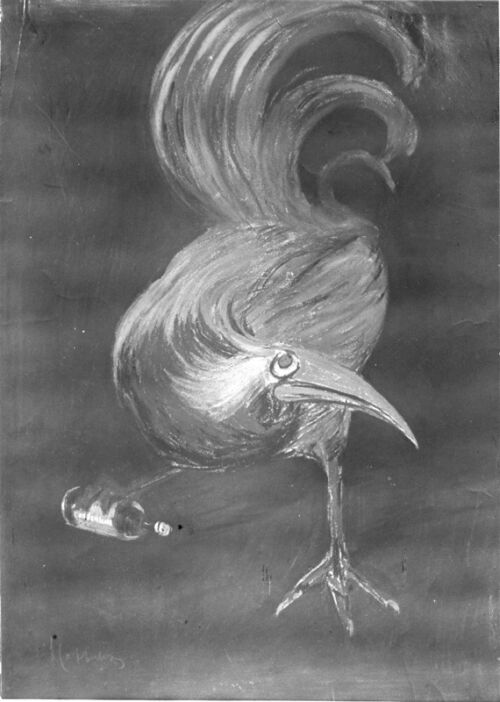 Affiche publicitaire : Oiseau voleur, - Un oiseau imaginaire, mais plutôt rapace, s'est attribué une bouteille. - par Leonetto Cappiello