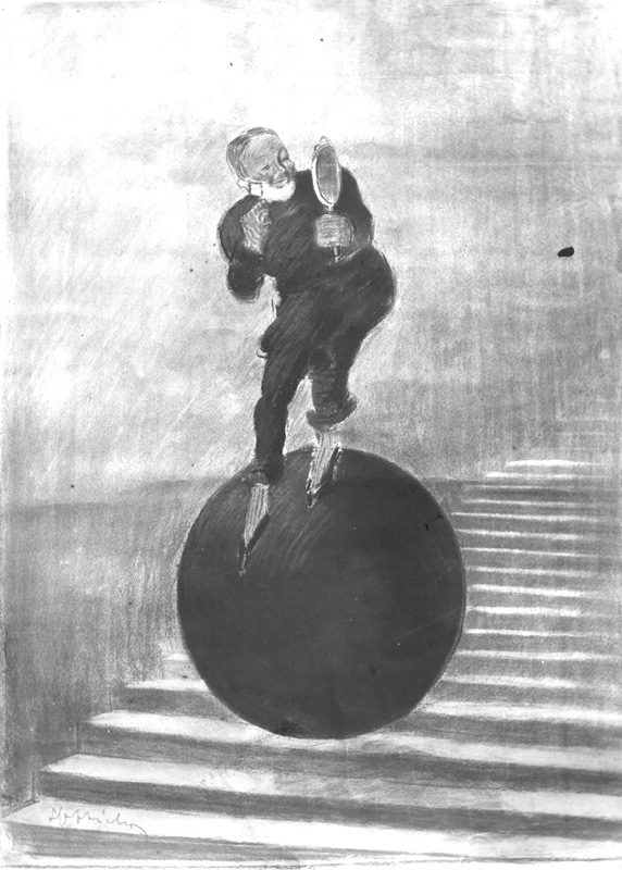 Affiche publicitaire : Patineur sur boule, - Un patineur très tranquille se maintient en équilibre sur une boule qui descend un escalier. Pendant se temps il se rase avec un rasoir coupe-choux tout en se regardant dans un miroir. - par Leonetto Cappiello