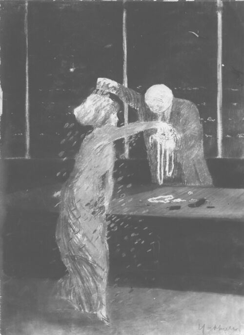 Affiche publicitaire : Prêteur à gage, - En échange de colliers et de bijoux, un prêteur à gage inonde  sa cliente de pièces de monnaie. - par Leonetto Cappiello