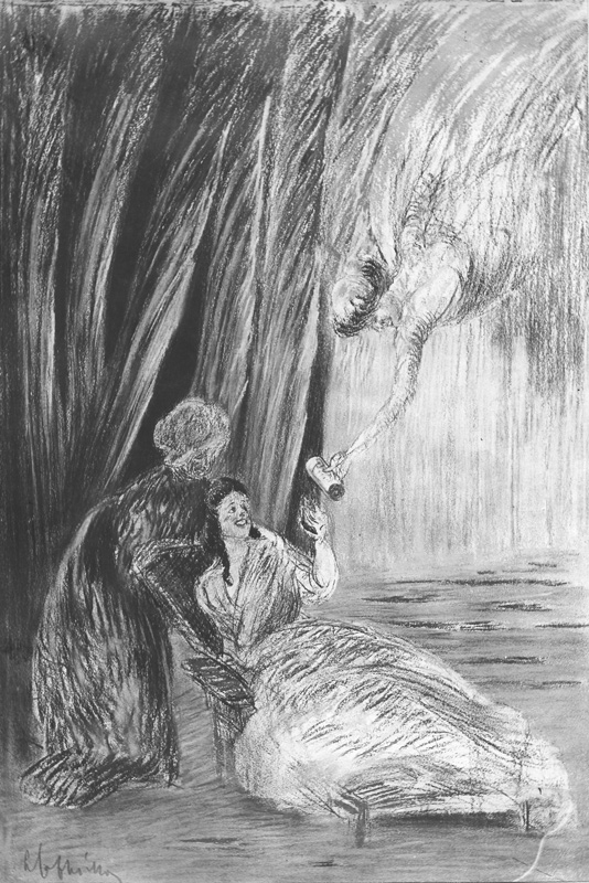 Affiche publicitaire : Soulagement, - Une femme dorlotée par une femme de confiance est allongée sur une chaise longue. Elle se réjouit en apercevant une sorte d'ange venu du ciel lui tendre un message attendu. - par Leonetto Cappiello