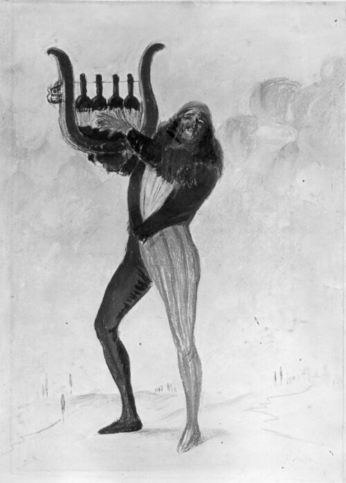 Un saltimbanque joue de la lyre dont les cordes sont quatre bouteilles de vin rouge, au loin un paysage est à peine esquissé.