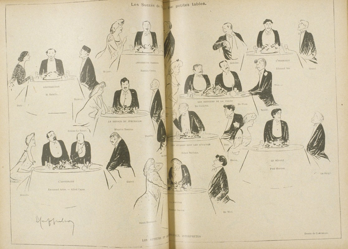 Les succès de l'année par petites tables, caricature de Cappiello