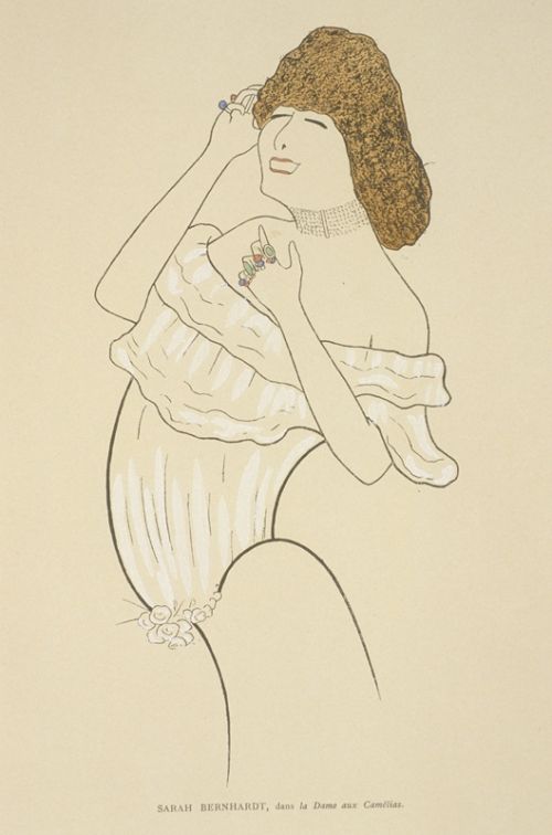 Sarah Bernhardt dans "La Dame aux camélias", caricature de Cappiello